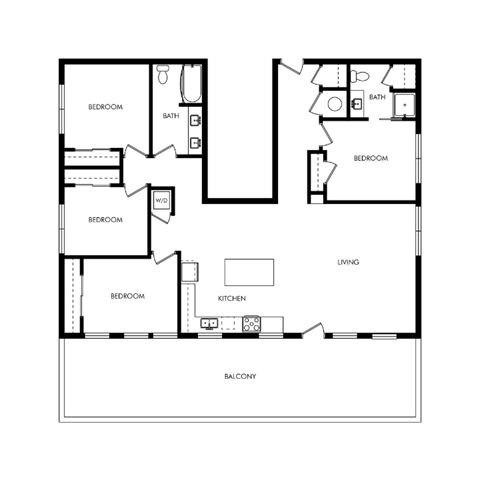 Floor plan for 4 beds, 2 baths, 1302 sqft